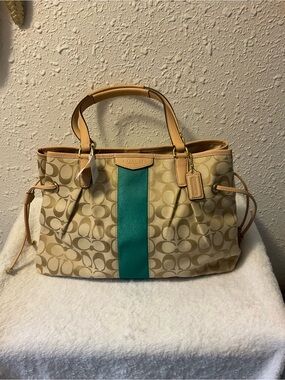 Coach Signature Khaki Tan with Green Stripe Drawstring Carryall (F28501)